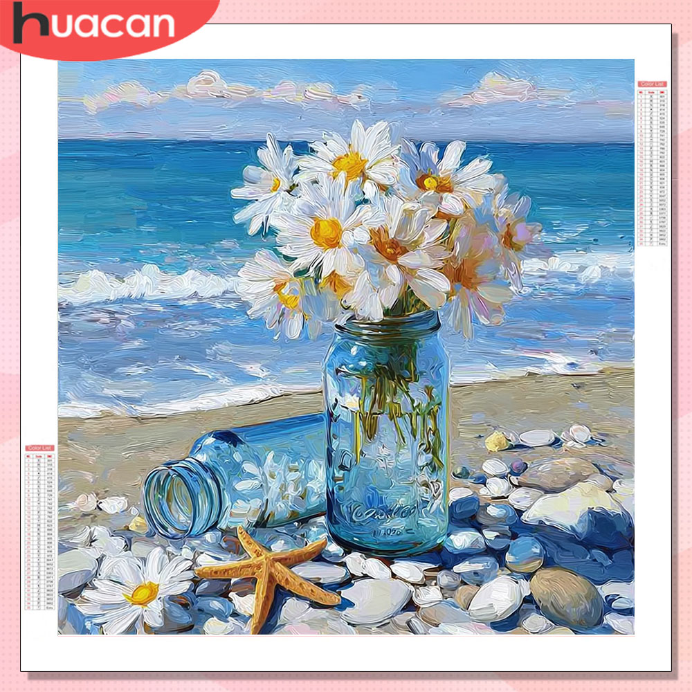 Resin Art Wallpaper - HUACAN Diamantmalerei Gänseblümchen Blumen Diamant-Mosaik-Kunst-Sets Strandlandschaft